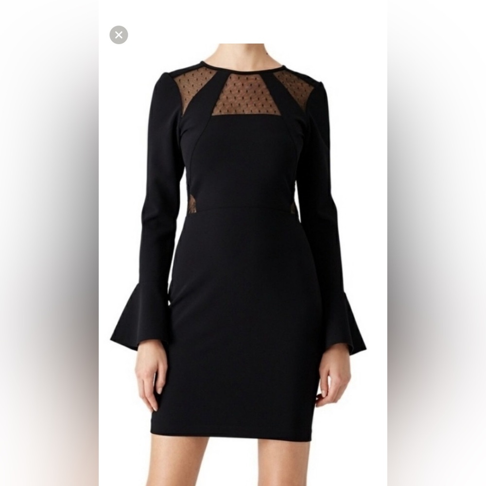 PARKER Black Swiss Dot Insert Bell Sleeve Sheath Dress Size Small NWT